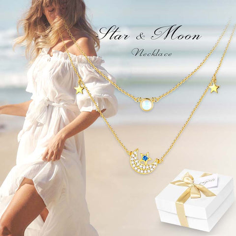 Collar de estrella de luna en capas, joyería de mujer, gargantilla de ópalo de moda, cadena con colgante de luna creciente
