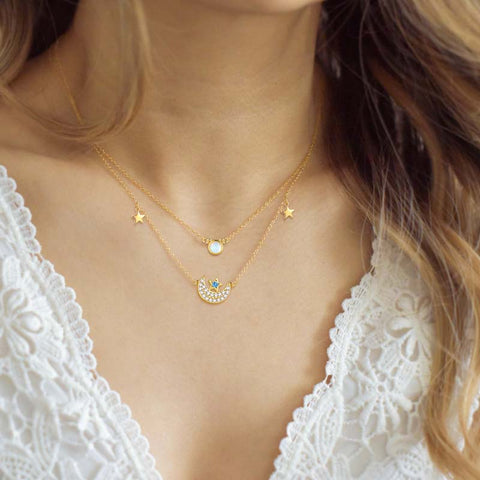 Collar de estrella de luna en capas, joyería de mujer, gargantilla de ópalo de moda, cadena con colgante de luna creciente