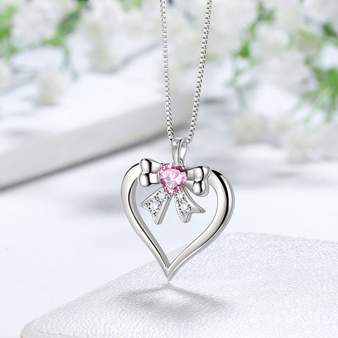 Collana da donna con fiocco a forma di cuore, ciondolo con pietra portafortuna di ottobre, tormalina rosa, gioielli per ragazze, regali di compleanno, argento sterling 925