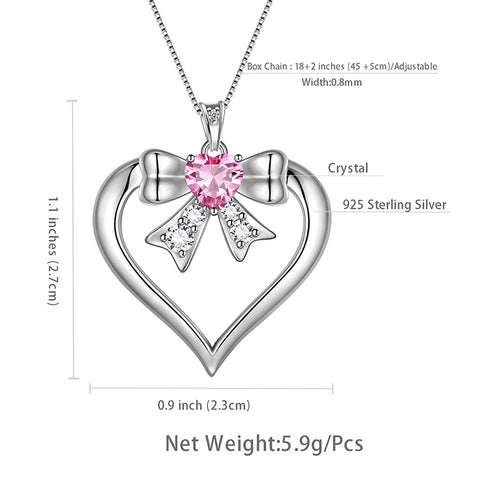 Collana da donna con fiocco a forma di cuore, ciondolo con pietra portafortuna di ottobre, tormalina rosa, gioielli per ragazze, regali di compleanno, argento sterling 925