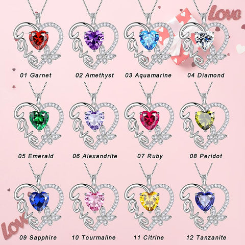 Women Love Heart Necklace Butterfly Birthstone Pendant Jewelry Girls Birthday Gifts Sterling Silver