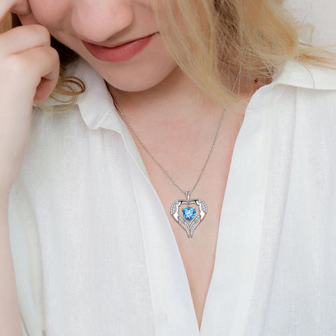 Frauen Liebe Herz Flügel Halskette März Geburtsstein Anhänger Aquamarin Mädchen Schmuck Geburtstagsgeschenke 925 Sterling Silber