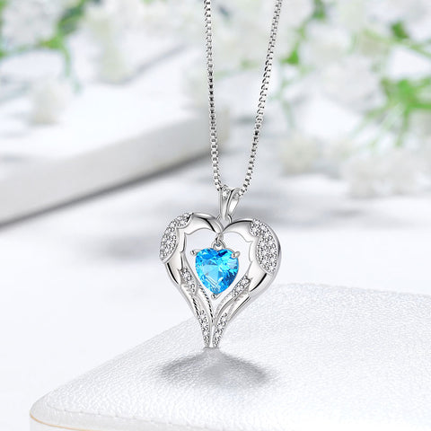 Frauen Liebe Herz Flügel Halskette März Geburtsstein Anhänger Aquamarin Mädchen Schmuck Geburtstagsgeschenke 925 Sterling Silber