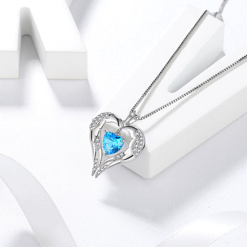 Frauen Liebe Herz Flügel Halskette März Geburtsstein Anhänger Aquamarin Mädchen Schmuck Geburtstagsgeschenke 925 Sterling Silber