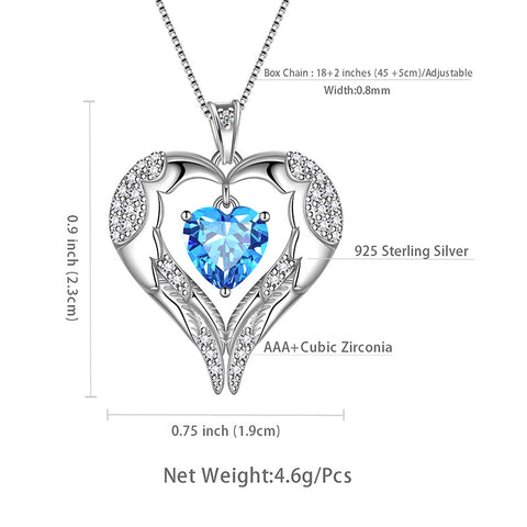 Frauen Liebe Herz Flügel Halskette März Geburtsstein Anhänger Aquamarin Mädchen Schmuck Geburtstagsgeschenke 925 Sterling Silber