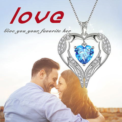 Frauen Liebe Herz Flügel Halskette März Geburtsstein Anhänger Aquamarin Mädchen Schmuck Geburtstagsgeschenke 925 Sterling Silber