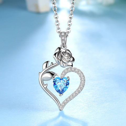Collana con acquamarina di marzo, ciondolo a forma di cuore con pietra portafortuna, fiore rosa, gioielli, regali di compleanno