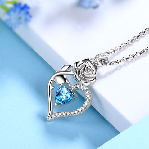 Collana con acquamarina di marzo, ciondolo a forma di cuore con pietra portafortuna, fiore rosa, gioielli, regali di compleanno