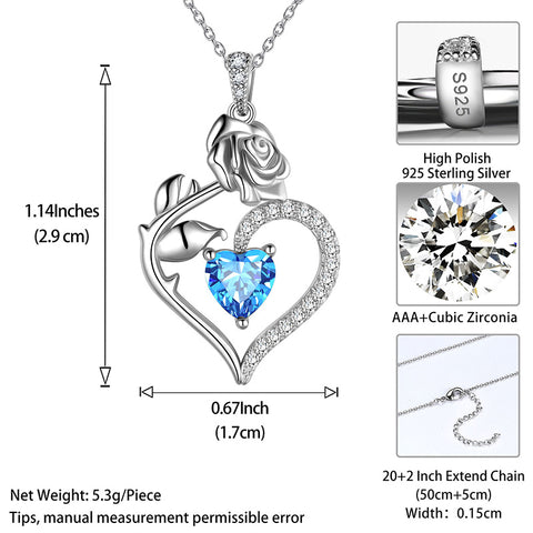 Collana con acquamarina di marzo, ciondolo a forma di cuore con pietra portafortuna, fiore rosa, gioielli, regali di compleanno