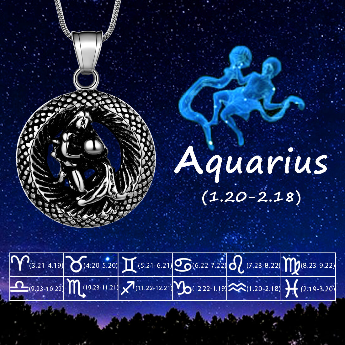 Men Zodiac Aquarius Necklace Pendant Star Sign Constellation Jewelry Women Boys Girls Birthday Gift - Aurora Tears Jewelry