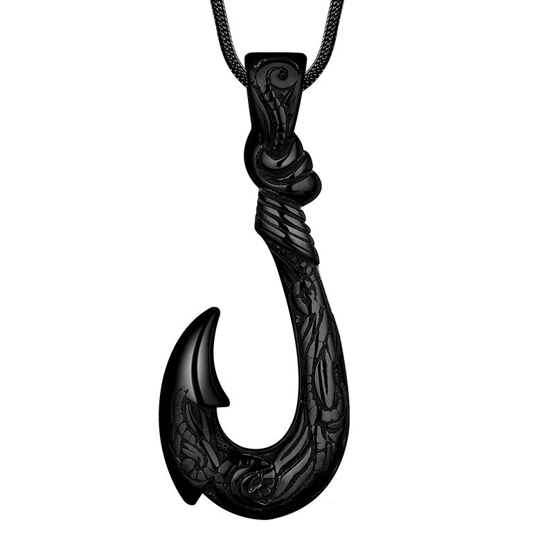 bome fish hook necjalcw Men Fish Hook Necklace Hawaiian Carved Bone Pendant Jewelry Stainless Steel, Black