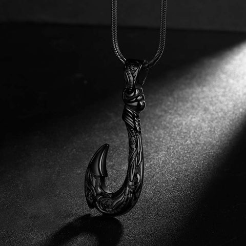 Men Fish Hook Necklace Hawaiian Carved Bone Pendant Jewelry Stainless Steel