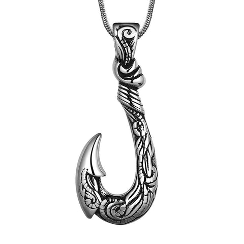 bone fish hook jewelry Men Fish Hook Necklace Hawaiian Carved Bone Pendant Jewelry Stainless Steel, Steel