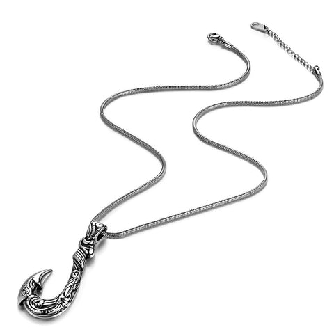 Men Fish Hook Pendant Necklace 316L Stainless Steel - Necklaces - Aurora Tears