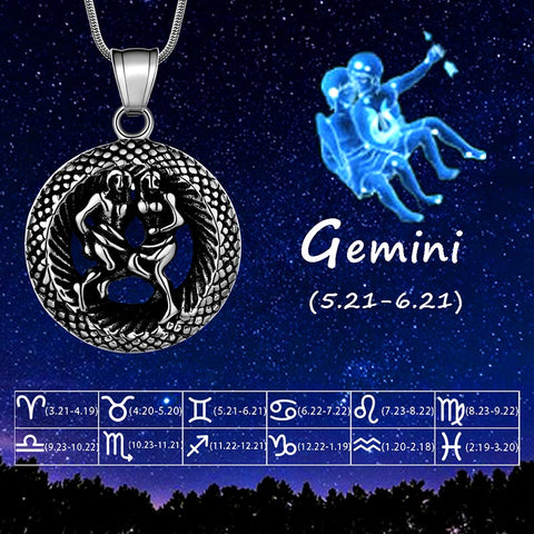 Men Zodiac Gemini Necklace Pendant Star Sign Constellation Jewelry Women Boys Girls Birthday Gift - Aurora Tears Jewelry