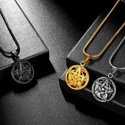 Men Pentagram Necklace Pentacle Wiccan Pagan Crescent Moon Irish Pendant Jewelry - Aurora Tears