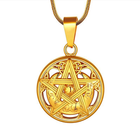 Men Pentagram Necklace Pentacle Wiccan Pagan Crescent Moon Irish Pendant Jewelry - Aurora Tears