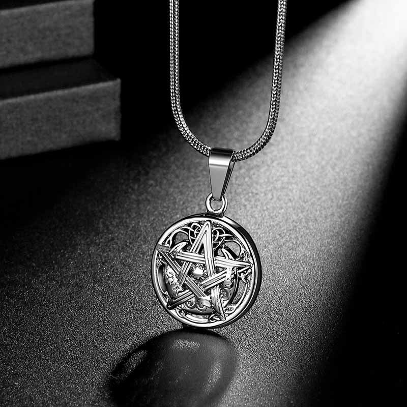 Solid 925 Sterling Silver Pentacle Pentagram Pendant Necklace, Moon & Circle Design, Curb Chain