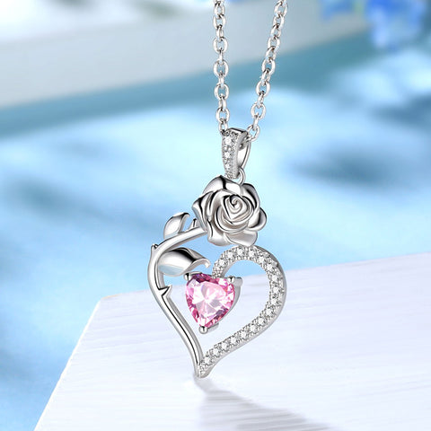 Collar de turmalina de octubre para mujer, colgante de piedra natal de corazón, joyería de rosas y flores, regalos de cumpleaños