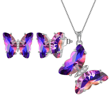 925 Sterling Silver Butterfly Jewelry Set 3PCS Birthstone Crystal Women Jewelry Gifts - Aurora Tears Jewelry