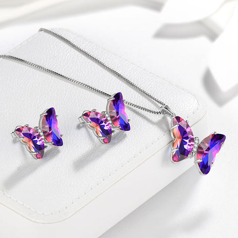 Lila Schmetterlings-Schmuckset, 3-teilig, Februar-Amethyst-Geburtsstein, Damen- und Mädchen-Geburtstagsgeschenke