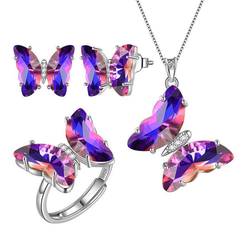 925 Sterling Silver Butterfly Jewelry Set 4PCS Birthstone Crystal Women Jewelry Gifts - Aurora Tears Jewelry