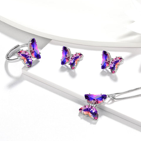Lila Schmetterlings-Schmuckset, 4-teilig, Februar-Amethyst-Geburtsstein, Damen- und Mädchen-Geburtstagsgeschenke