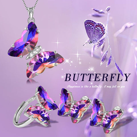 Lila Schmetterlings-Schmuckset, 4-teilig, Februar-Amethyst-Geburtsstein, Damen- und Mädchen-Geburtstagsgeschenke