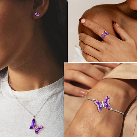 Lila Schmetterlings-Schmuckset, 5-teilig, Februar-Amethyst-Geburtsstein, Damen- und Mädchen-Geburtstagsgeschenke