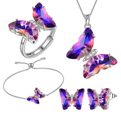 Butterfly Jewelry Set 5PCS Birthstone Necklace Earrings Ring Bracelet for Women Girls