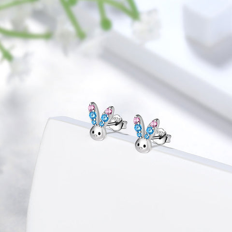Orecchini a bottone con mini animali con coniglietto, gioielli, regalo per ragazze, argento sterling 925