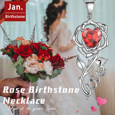 Rose Love Neckalce,925 Sterling Silver Birthstone Pendant Necklace Jewelry Gifts for Women Girls