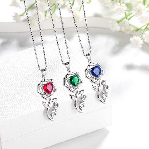 Rose Love Neckalce,925 Sterling Silver Birthstone Pendant Necklace Jewelry Gifts for Women Girls