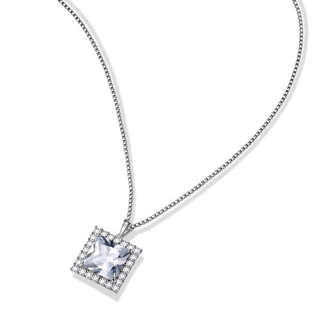 Square Birthstone April Diamond Necklace Pendant Sterling Silver - Necklaces - Aurora Tears