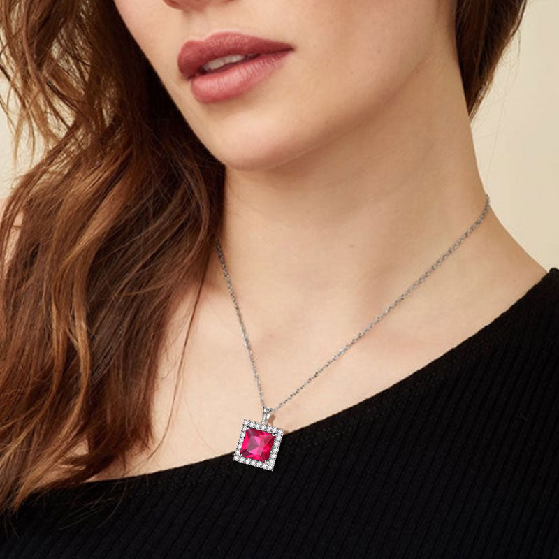 Square Birthstone July Ruby Necklace Pendant Sterling Silver - Necklaces - Aurora Tears