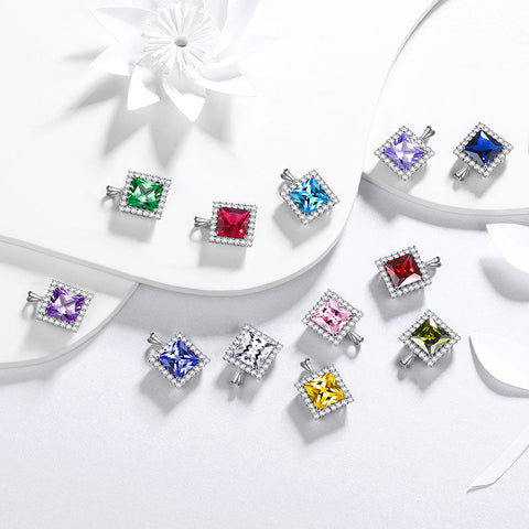 Square Birthstone Necklace Pendant Women Jewelry Birthday Gift 925 Sterling Silver - Aurora Tears