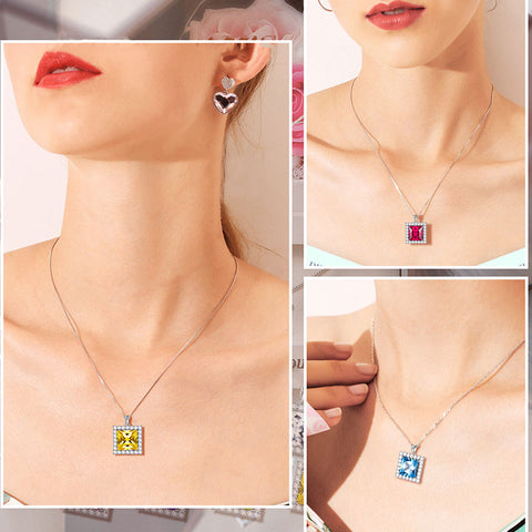 Square Birthstone July Ruby Necklace Pendant Sterling Silver - Necklaces - Aurora Tears