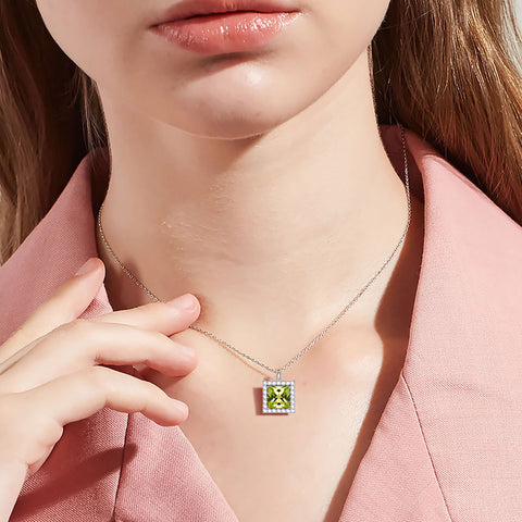 Square Birthstone August Peridot Necklace Pendant Sterling Silver - Necklaces - Aurora Tears