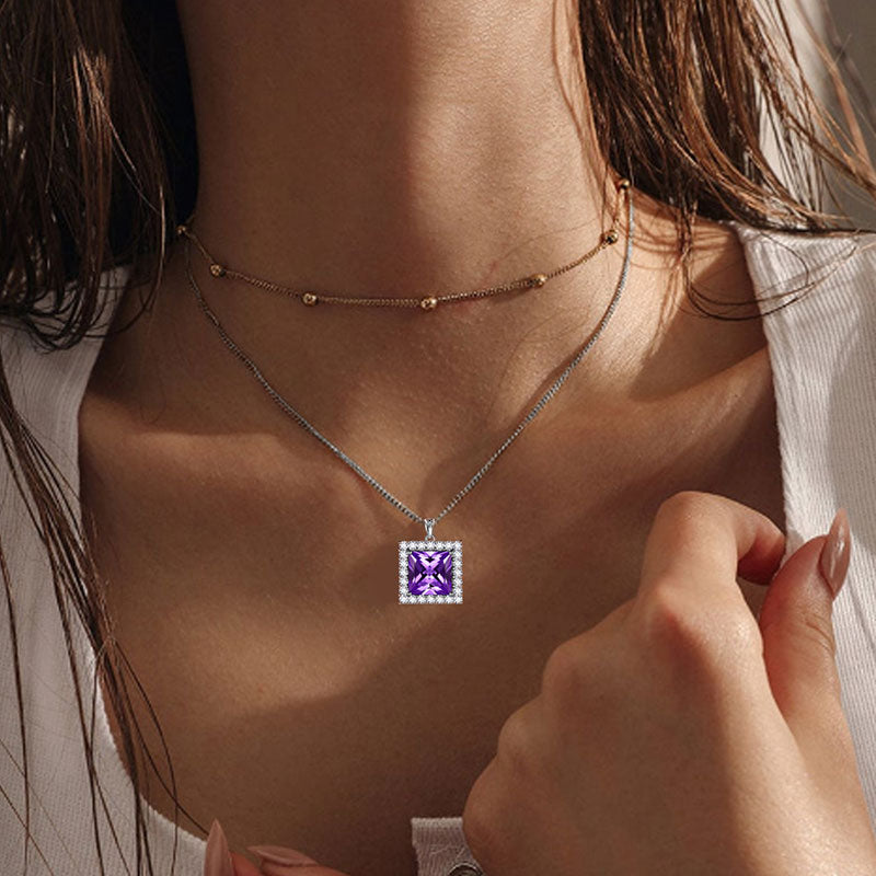 Square Birthstone February Amethyst Necklace Pendant Sterling Silver - Necklaces - Aurora Tears