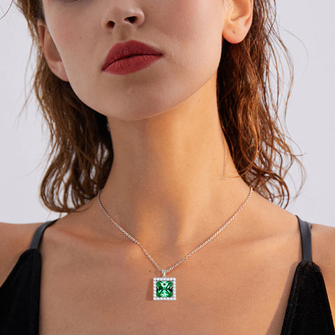 Square Birthstone May Emerald Necklace Pendant Sterling Silver - Necklaces - Aurora Tears