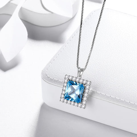 Collier pendentif aigue-marine de mars avec pierre de naissance carrée pour femmes et filles, bijoux cadeaux d'anniversaire en argent sterling
