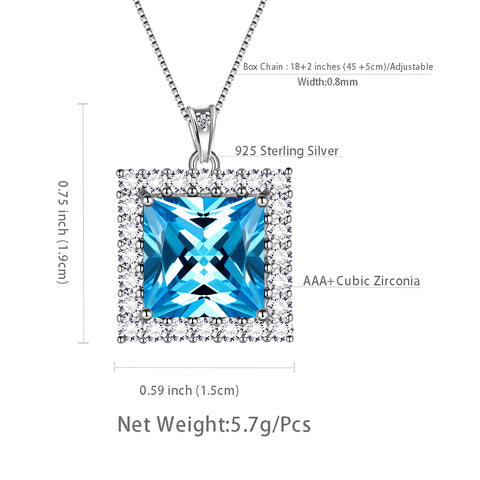 Collier pendentif aigue-marine de mars avec pierre de naissance carrée pour femmes et filles, bijoux cadeaux d'anniversaire en argent sterling