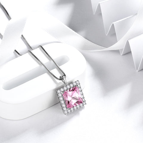 Collier avec pendentif en tourmaline carrée avec pierre de naissance d'octobre pour femmes et filles, bijoux cadeaux d'anniversaire en argent sterling