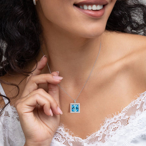 Collier pendentif aigue-marine de mars avec pierre de naissance carrée pour femmes et filles, bijoux cadeaux d'anniversaire en argent sterling