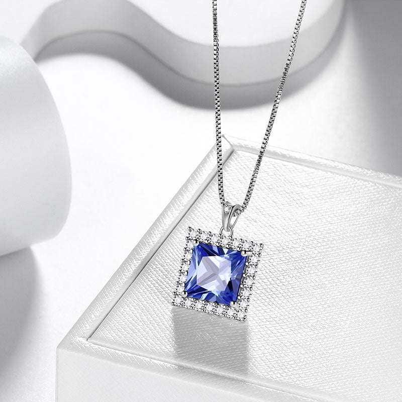 Square Birthstone December Tanzanite Necklace Pendant Sterling Silver - Necklaces - Aurora Tears