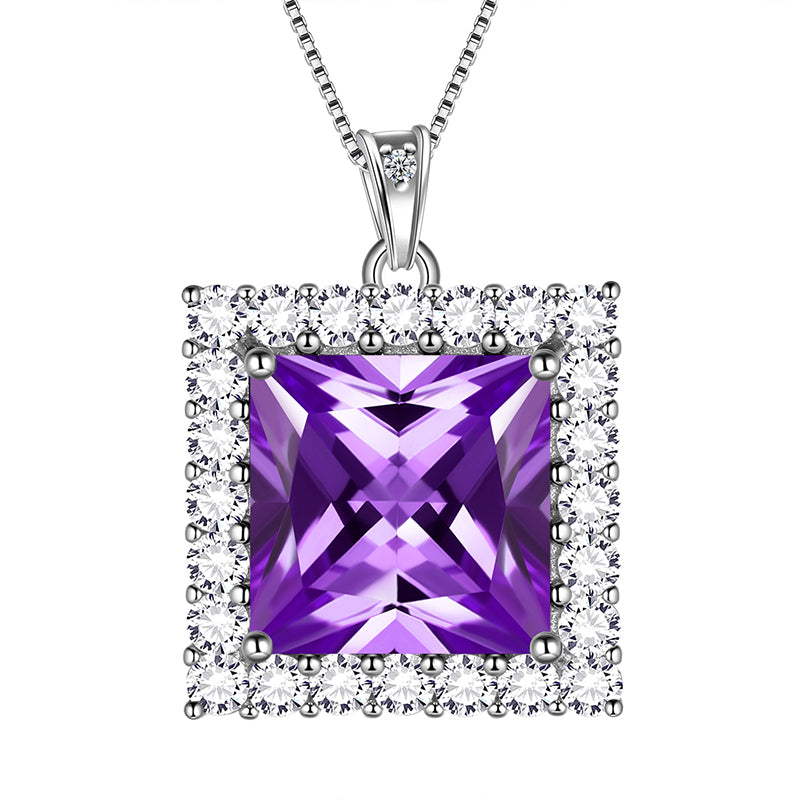 Square Birthstone February Amethyst Necklace Pendant Women Girls Jewelry Birthday Gifts Sterling Silver - Aurora Tears Jewelry