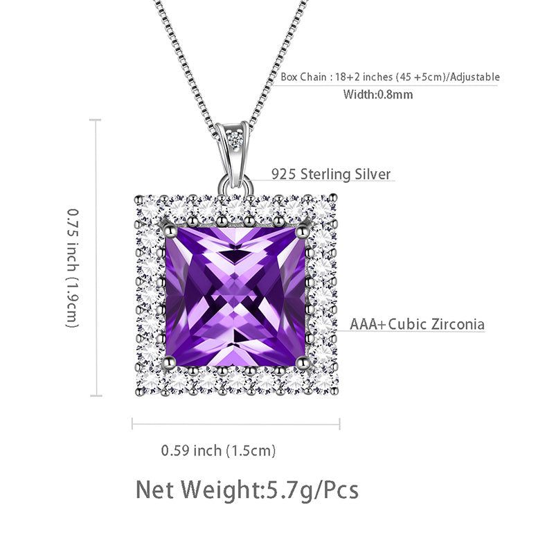 Square Birthstone February Amethyst Necklace Pendant Sterling Silver - Necklaces - Aurora Tears