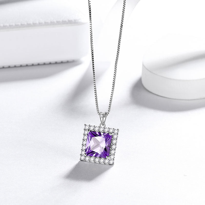 Square Birthstone February Amethyst Necklace Pendant Sterling Silver - Necklaces - Aurora Tears