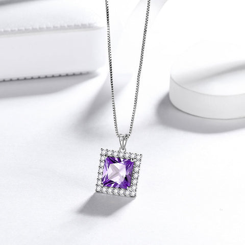 Square Birthstone February Amethyst Necklace Pendant Sterling Silver - Necklaces - Aurora Tears