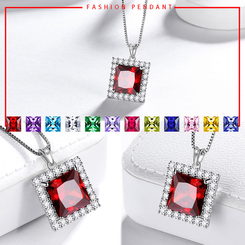 Square Birthstone January Garnet Necklace Pendant Sterling Silver - Necklaces - Aurora Tears